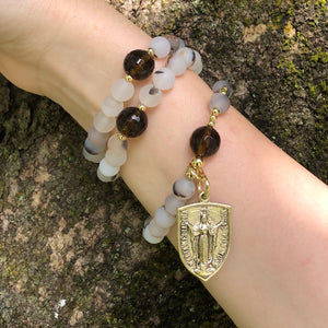 Smokey Quartz + Matte Flower Agate Wrist Rosary - Simple Sofia